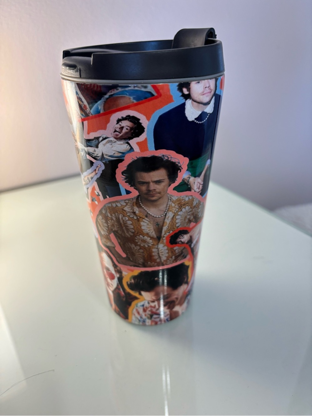 Black Travel Tumbler with Multi-Color Harry Styles Collage Design